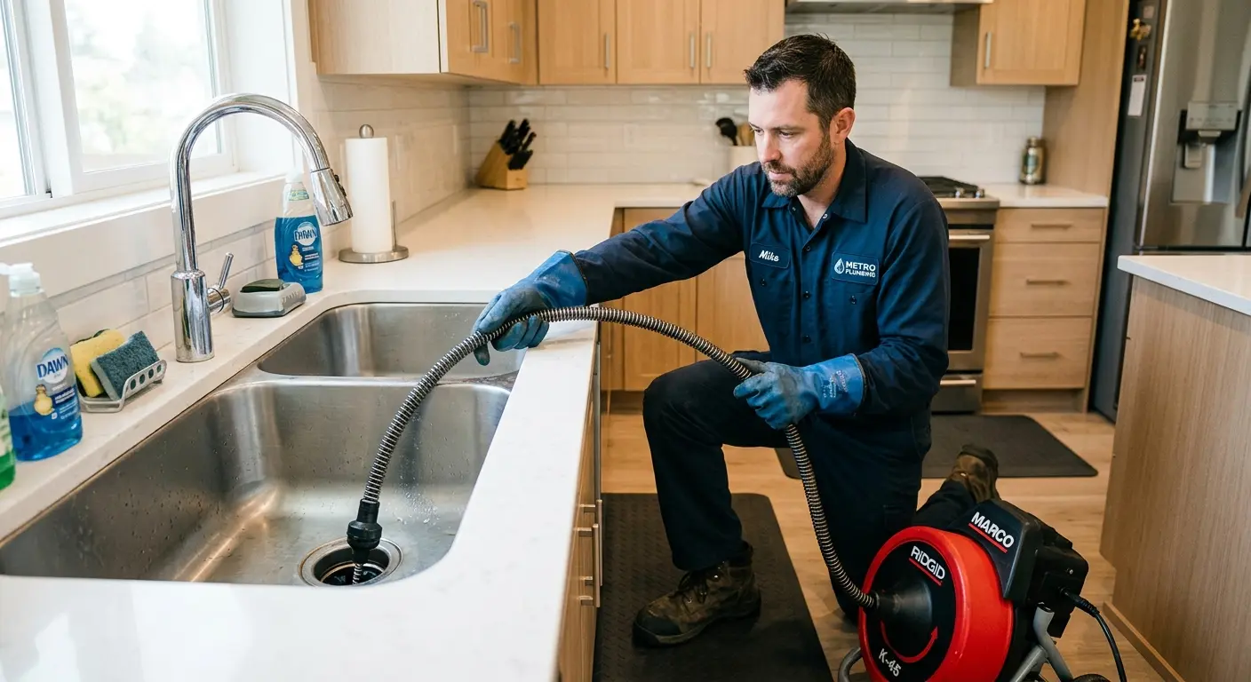 Drain cleaning technician using a motorized snake on a kitchen sink in Church Hill