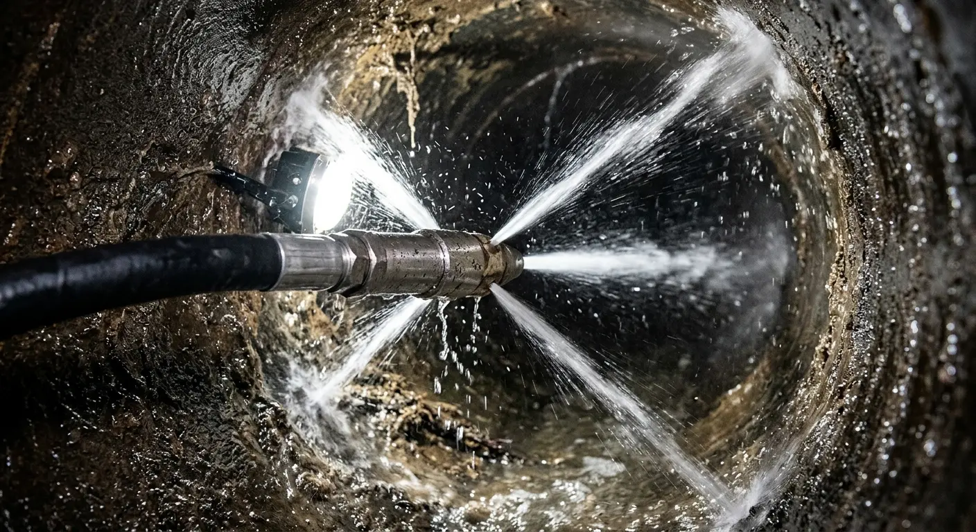 High-pressure hydro jetting nozzle cleaning sewer pipe for Emergency Drain Service in Church Hill