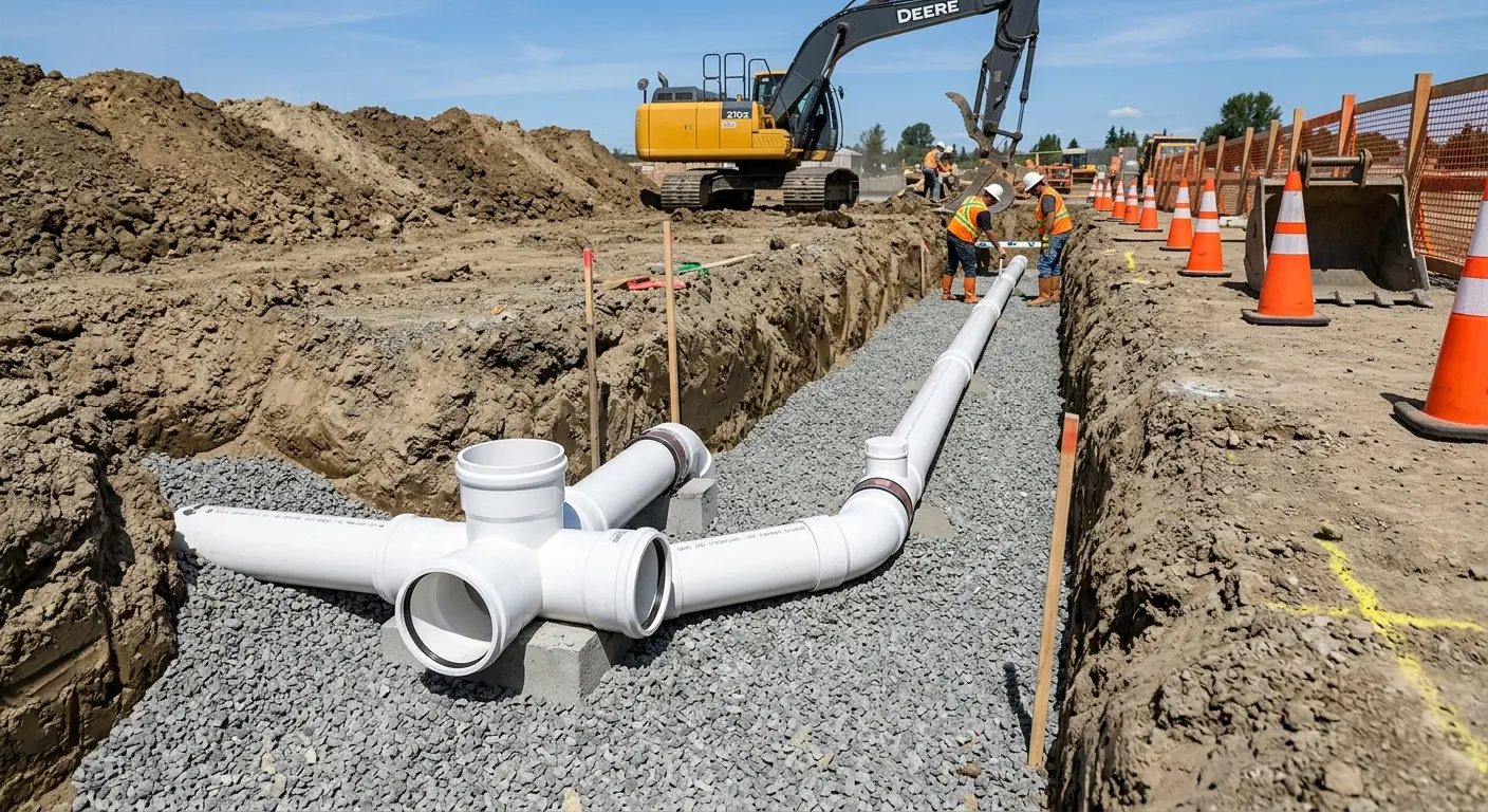 New PVC sewer pipe installation in open trench for Sewer Backup in Church Hill