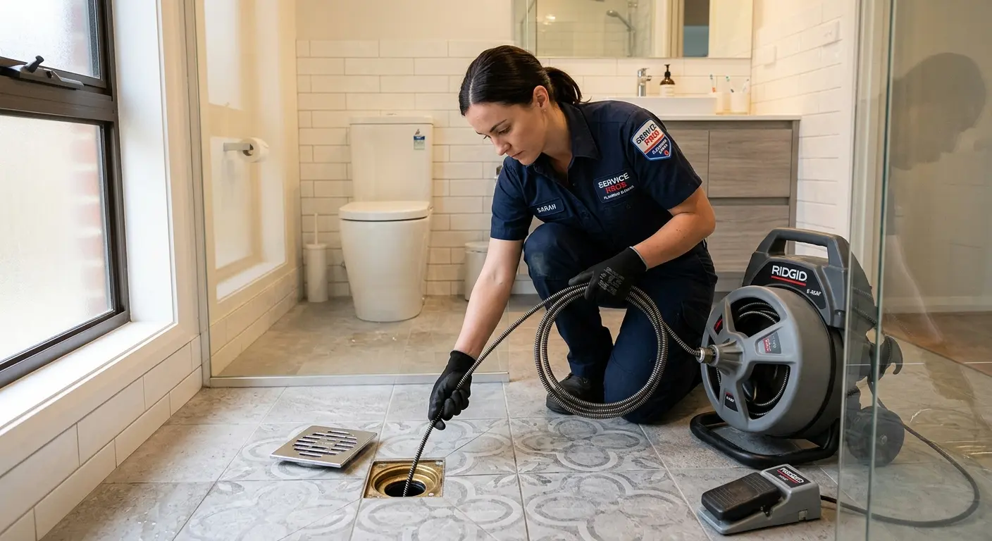 Technician clearing a bathroom floor drain for Drain Cleaning in Church Hill